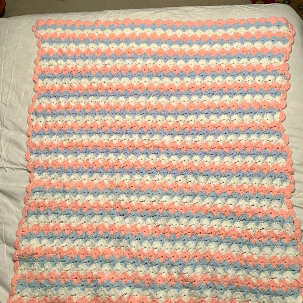 Handmade Crochet  Blanket Throw Pink Blue Baby Colors 50x48 ‎ Afghan